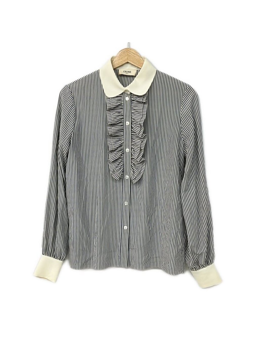 Celine Long Sleeve Shirt Blouse 36 S Ivory Dark Navy Silk Striped Ruffle